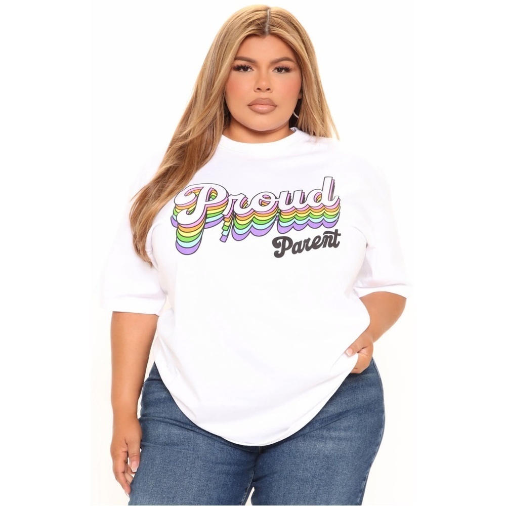 Fashion Nova Proud Parent Tee ✦ White Rainbow Graphic Crew Neck ✦ Short Sleeve